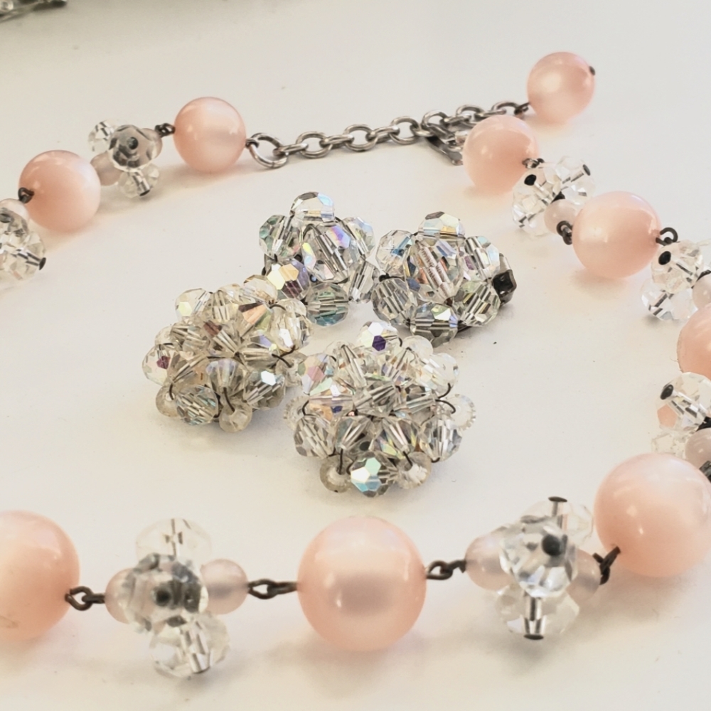Vintage Coro Pink Moonglow Lucite and Crystal Necklace and Earrings